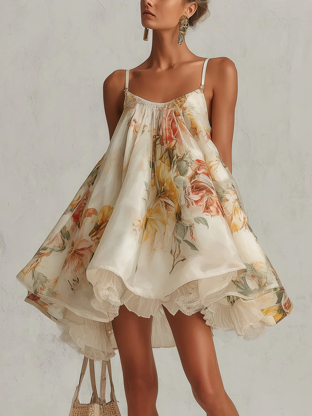 Elda Mini Dress in Beige Floral Organza with Lace Finish
