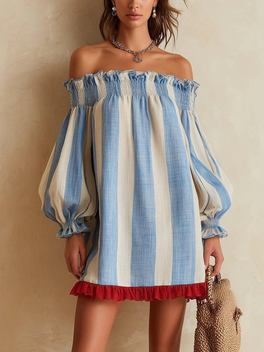 Ángela Mini Dress in Blue and White Stripes with Bardot Neckline and Contrast Trim