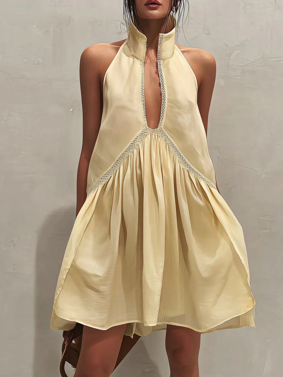 Isabela Mini Yellow Sleeveless Dress with Deep V-Neck and Lace Details