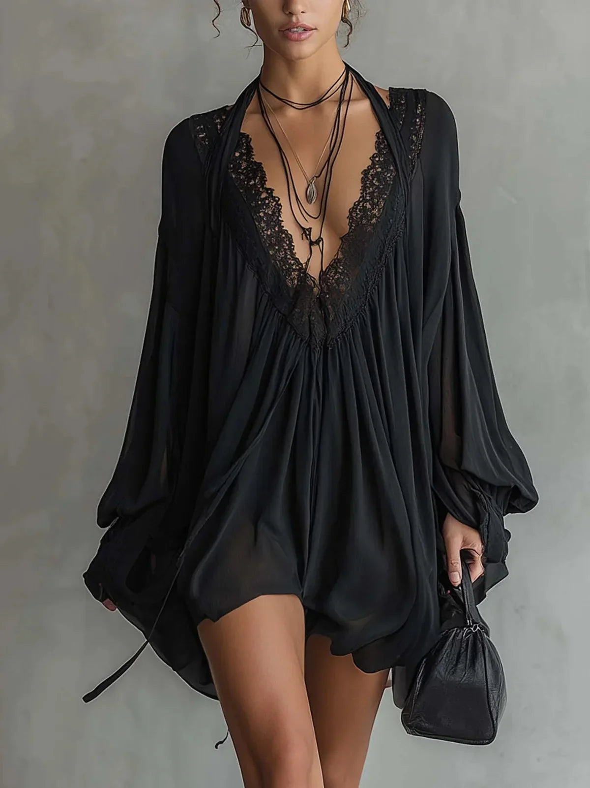 Catalina Black Chiffon Mini Dress with Halter Neck and Lace Collar