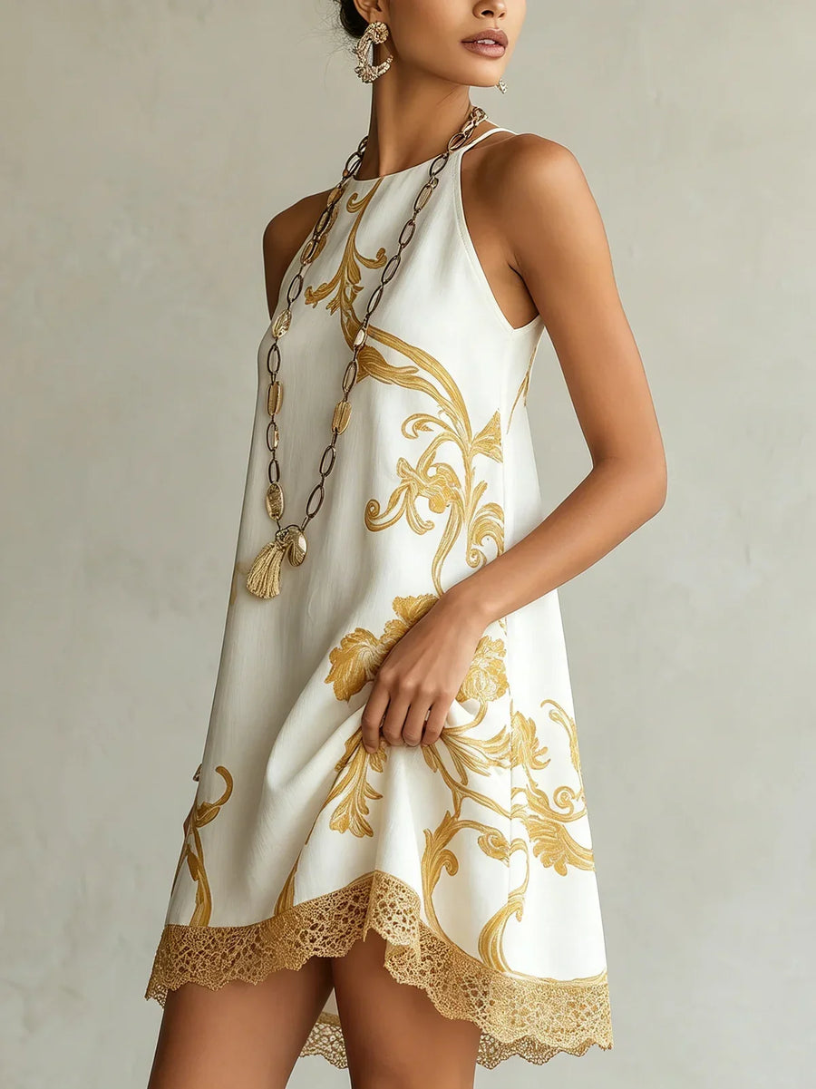 Emilia White and Gold Lace Mini Dress with Decorative Print