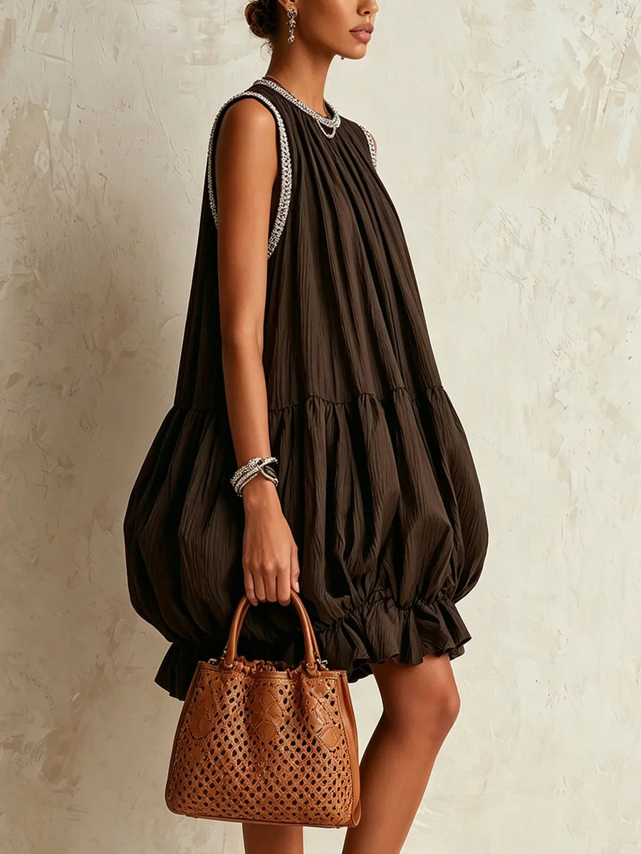 Agate Brown Sleeveless Mini Dress with Ruffled Hem