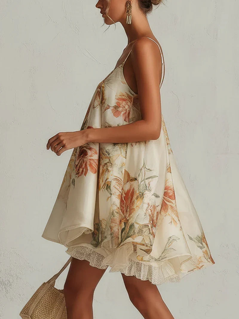 Elda Mini Dress in Beige Floral Organza with Lace Finish