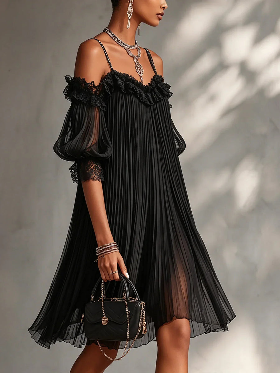 Naia Mini Black Chiffon Dress with Bardot Neckline and Lace Trim