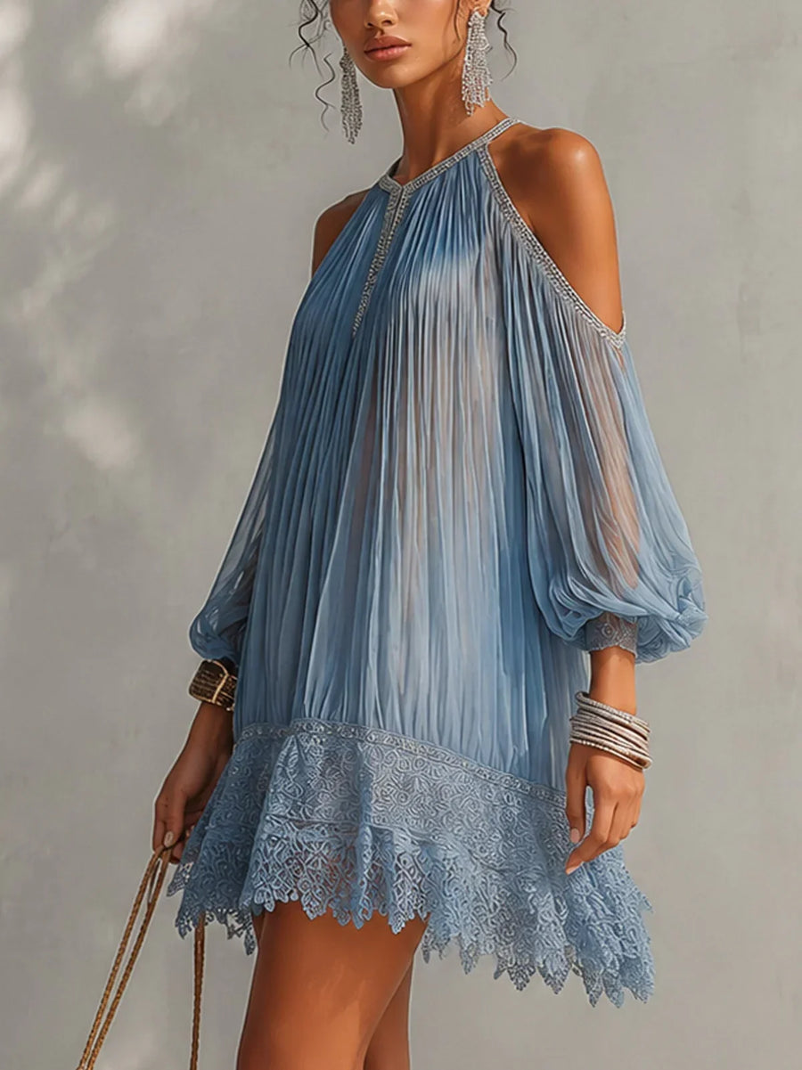 Isolda Mini Dress in Blue with Off-the-Shoulder Design, Ruched Waist and Lace Finish