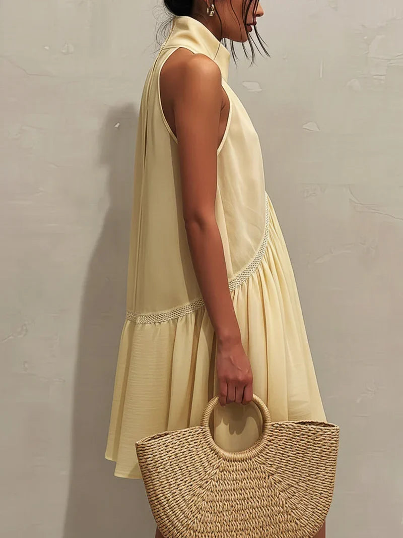 Isabela Mini Yellow Sleeveless Dress with Deep V-Neck and Lace Details
