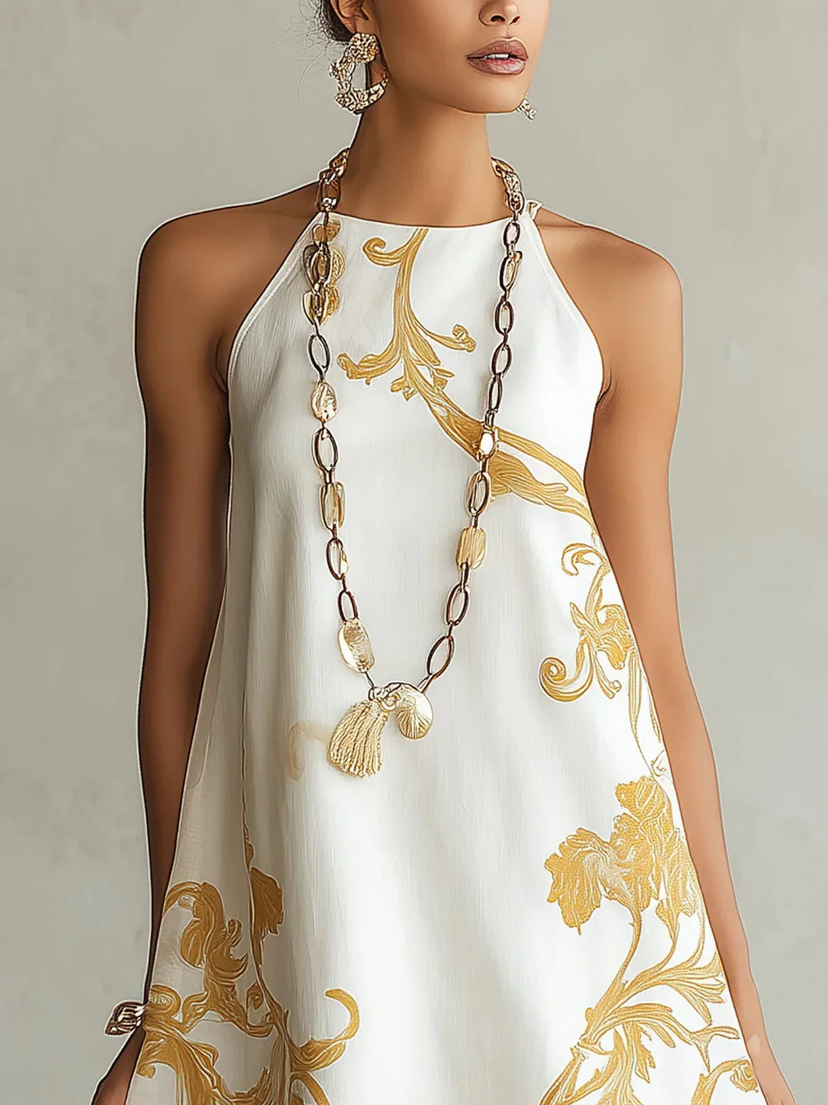 Emilia White and Gold Lace Mini Dress with Decorative Print