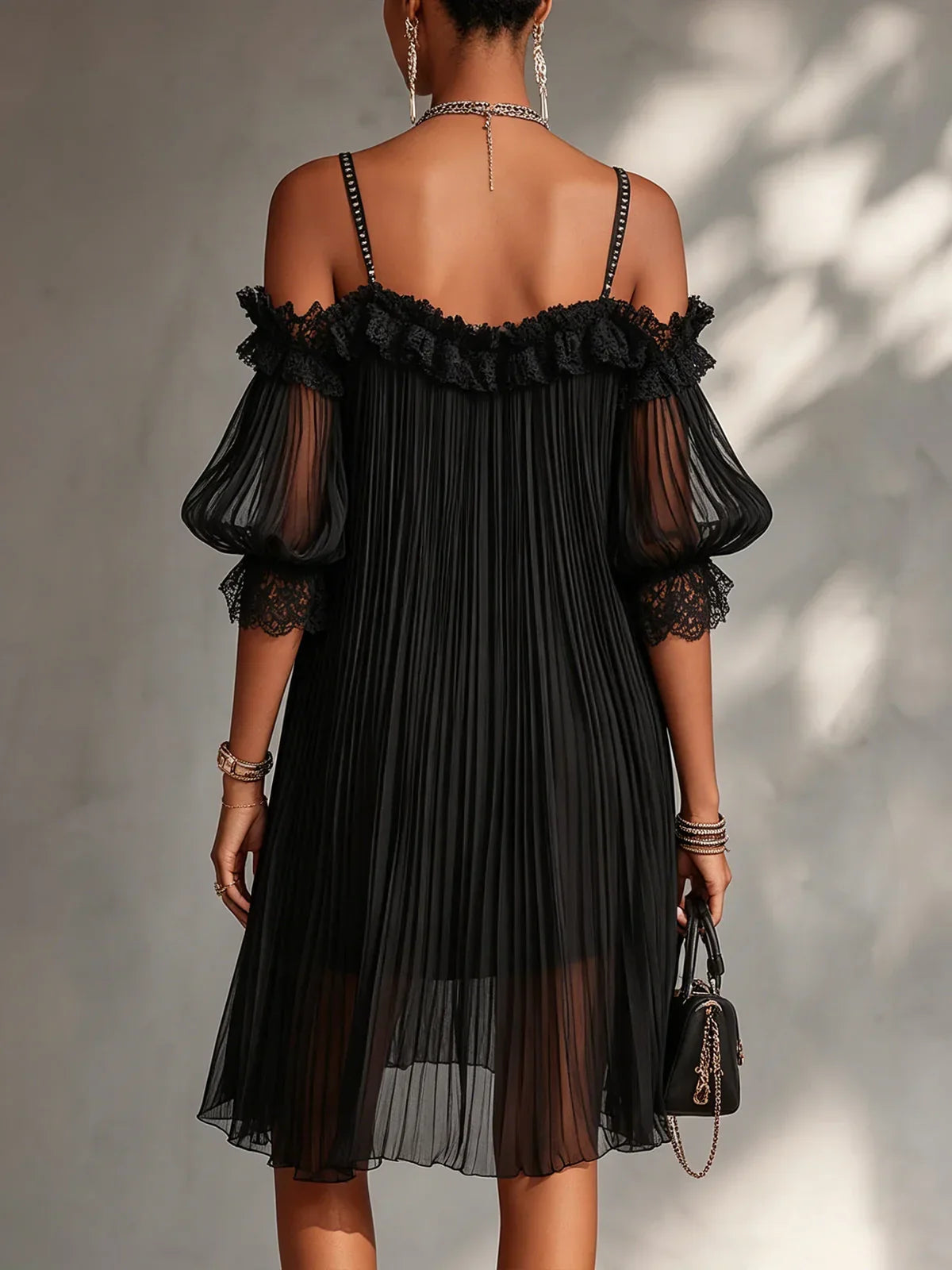Naia Mini Black Chiffon Dress with Bardot Neckline and Lace Trim