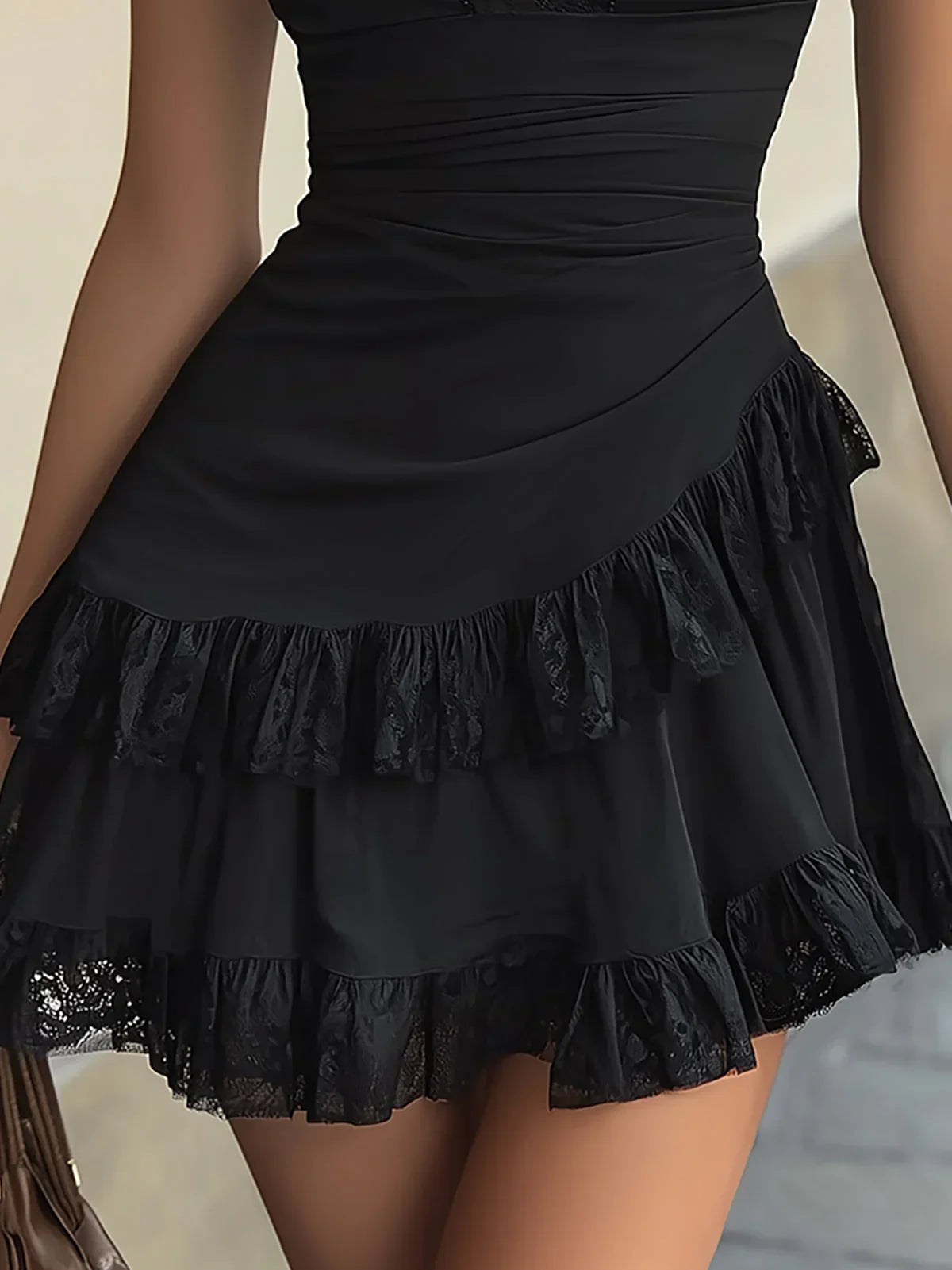 Camelia Mini Black Dress with Lace Ruffles and V-Neck