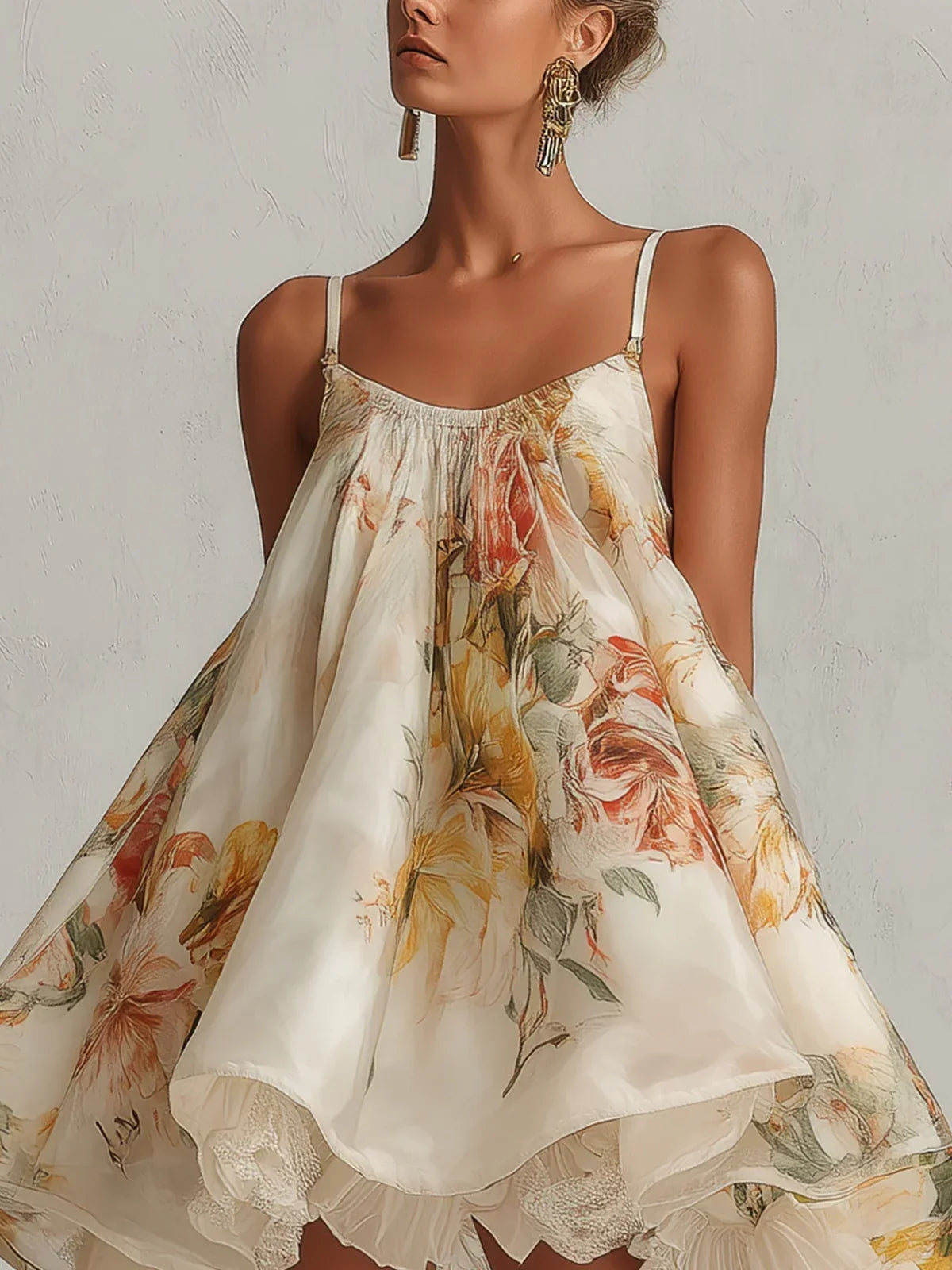 Elda Mini Dress in Beige Floral Organza with Lace Finish