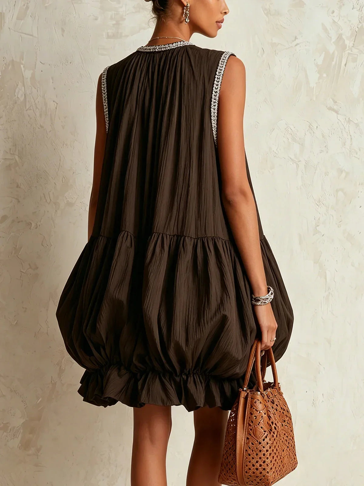 Agate Brown Sleeveless Mini Dress with Ruffled Hem