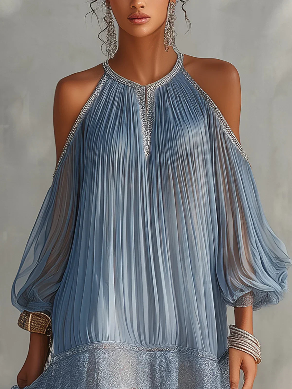 Isolda Mini Dress in Blue with Off-the-Shoulder Design, Ruched Waist and Lace Finish