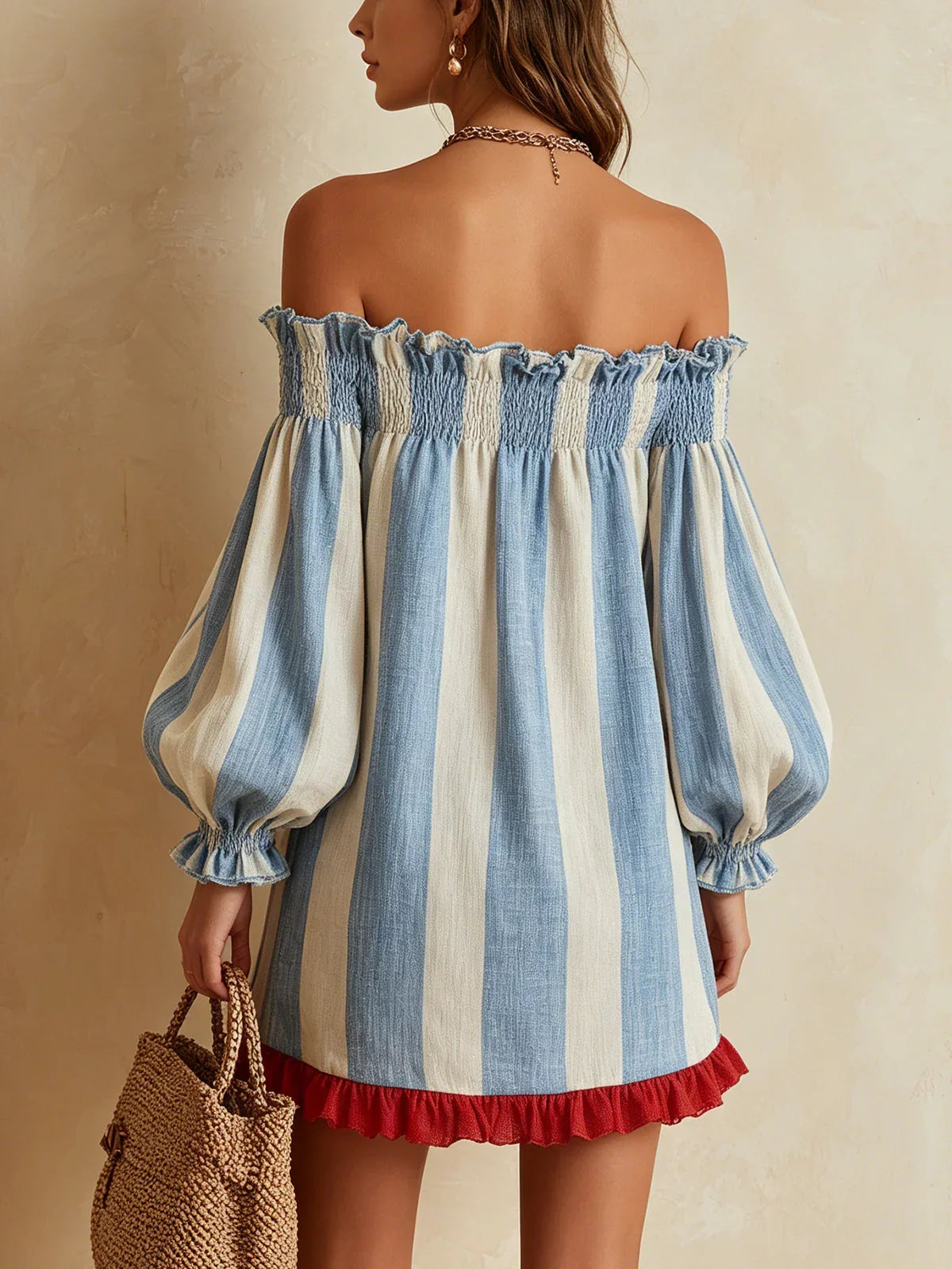 Ángela Mini Dress in Blue and White Stripes with Bardot Neckline and Contrast Trim