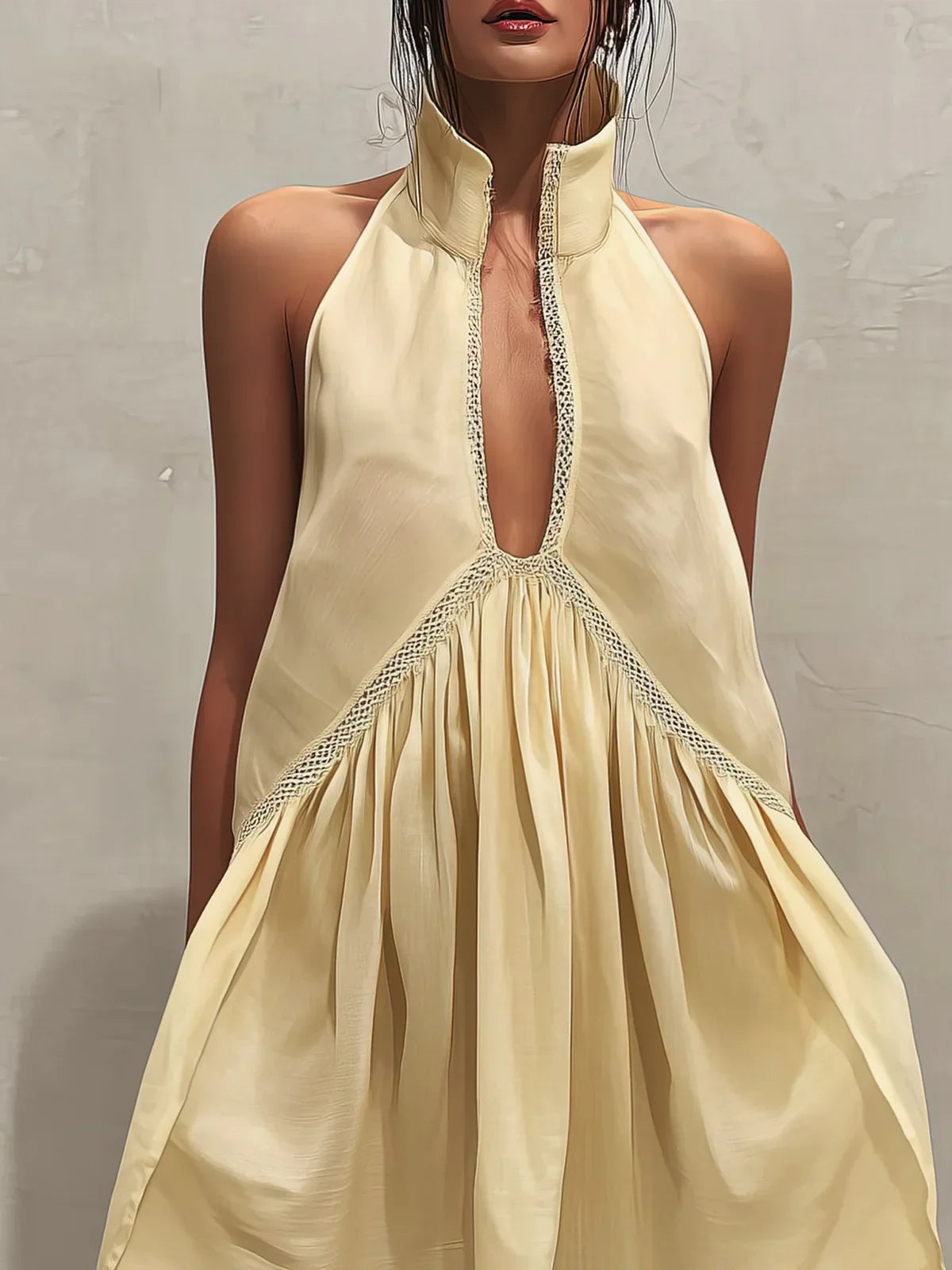 Isabela Mini Yellow Sleeveless Dress with Deep V-Neck and Lace Details