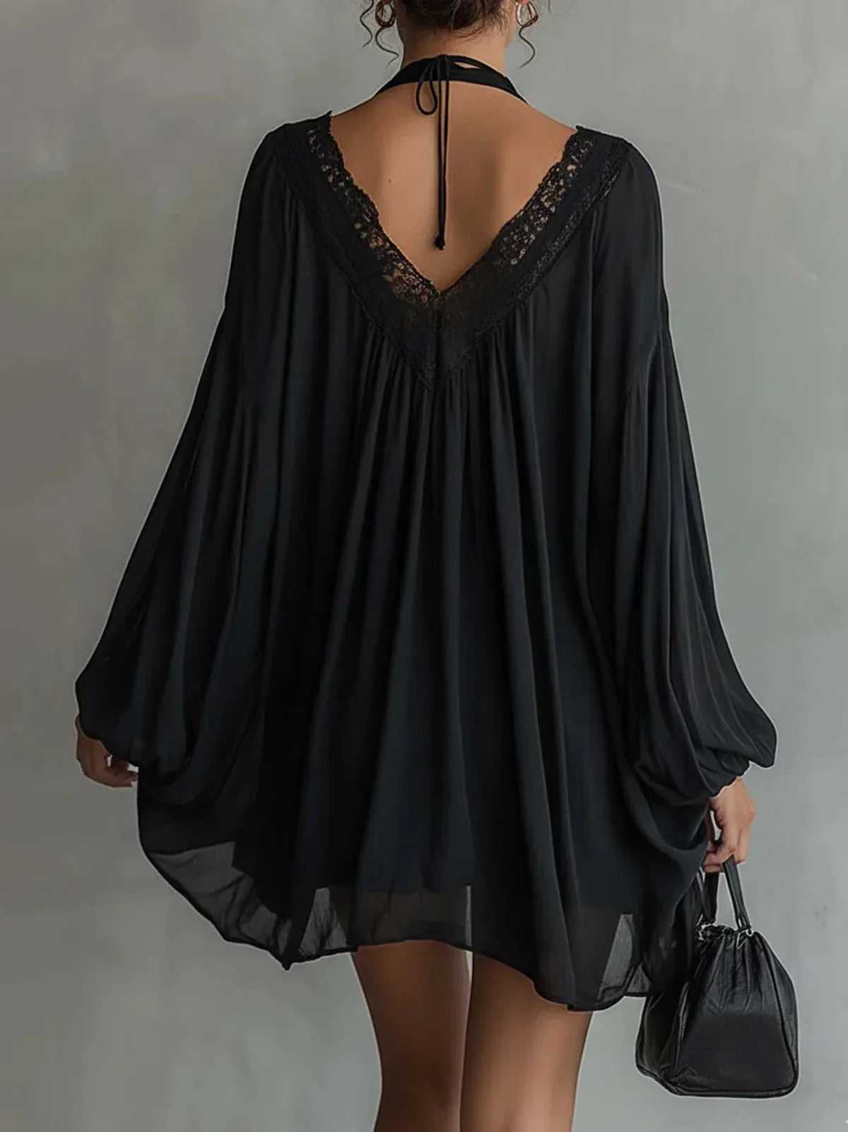 Catalina Black Chiffon Mini Dress with Halter Neck and Lace Collar