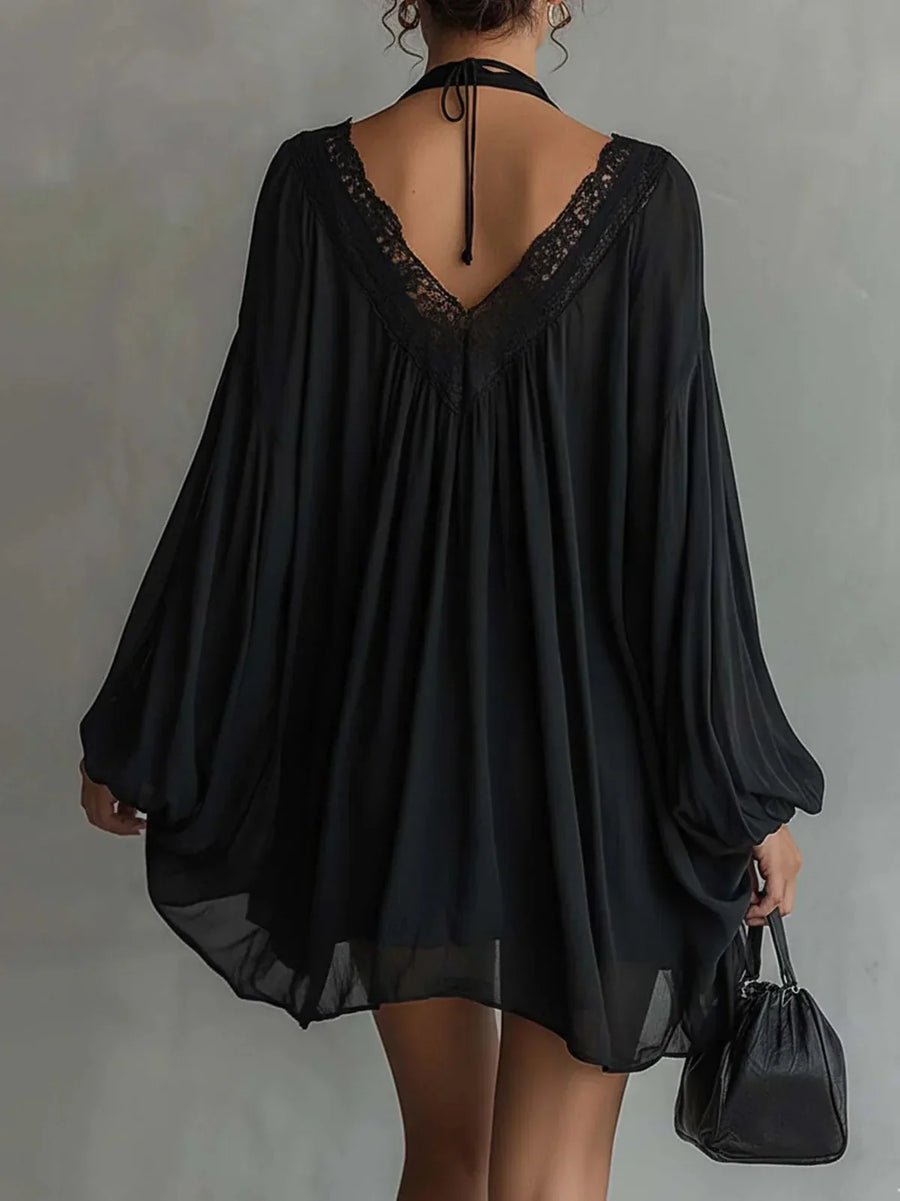 Catalina Black Chiffon Mini Dress with Halter Neck and Lace Collar