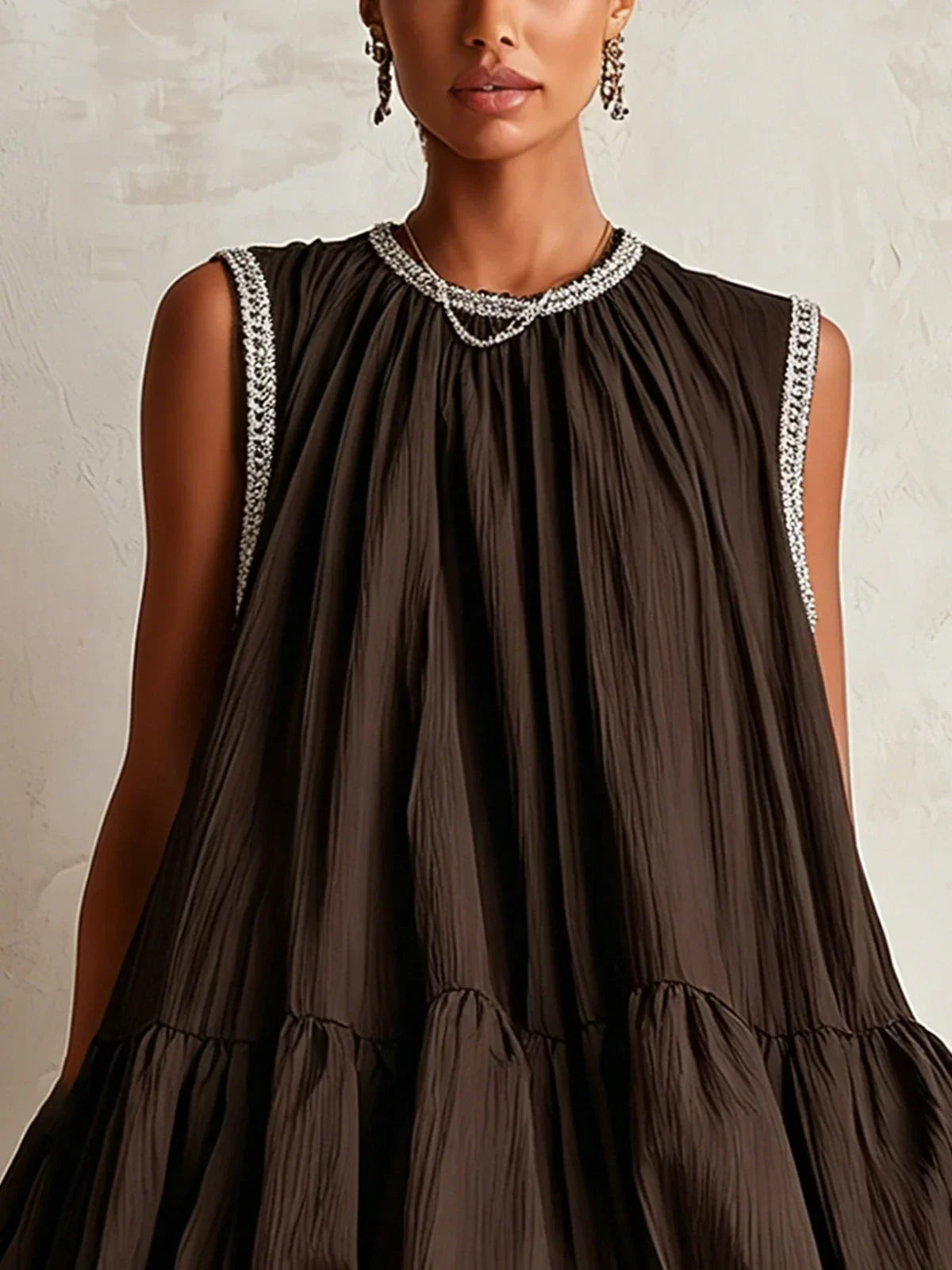 Agate Brown Sleeveless Mini Dress with Ruffled Hem
