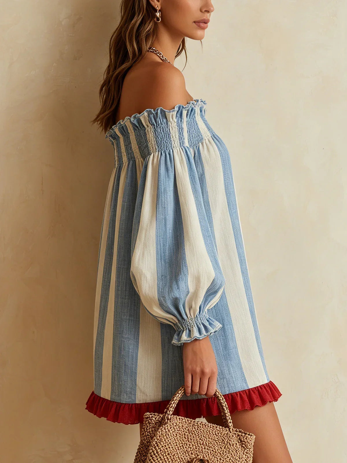Ángela Mini Dress in Blue and White Stripes with Bardot Neckline and Contrast Trim