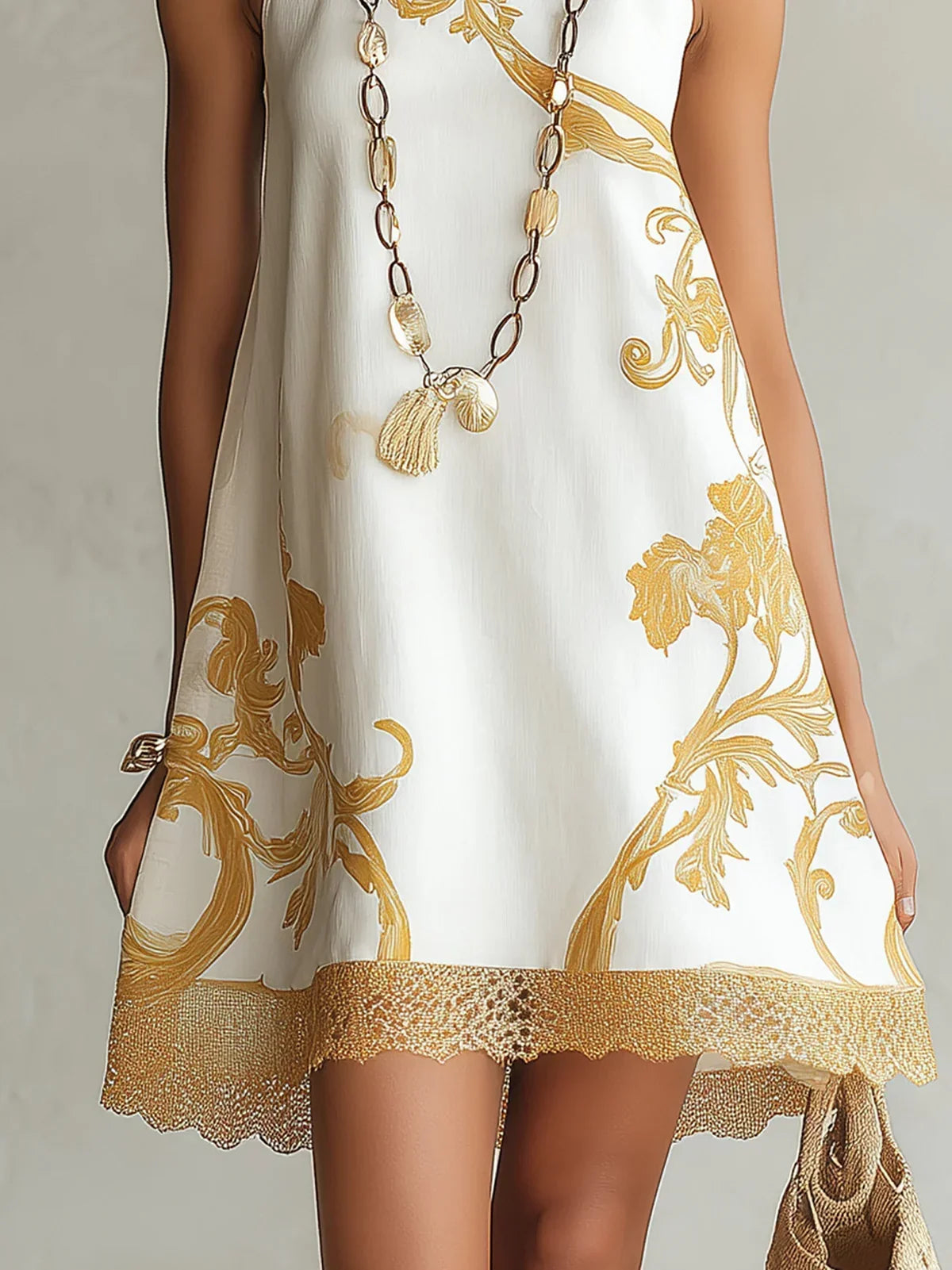 Emilia White and Gold Lace Mini Dress with Decorative Print