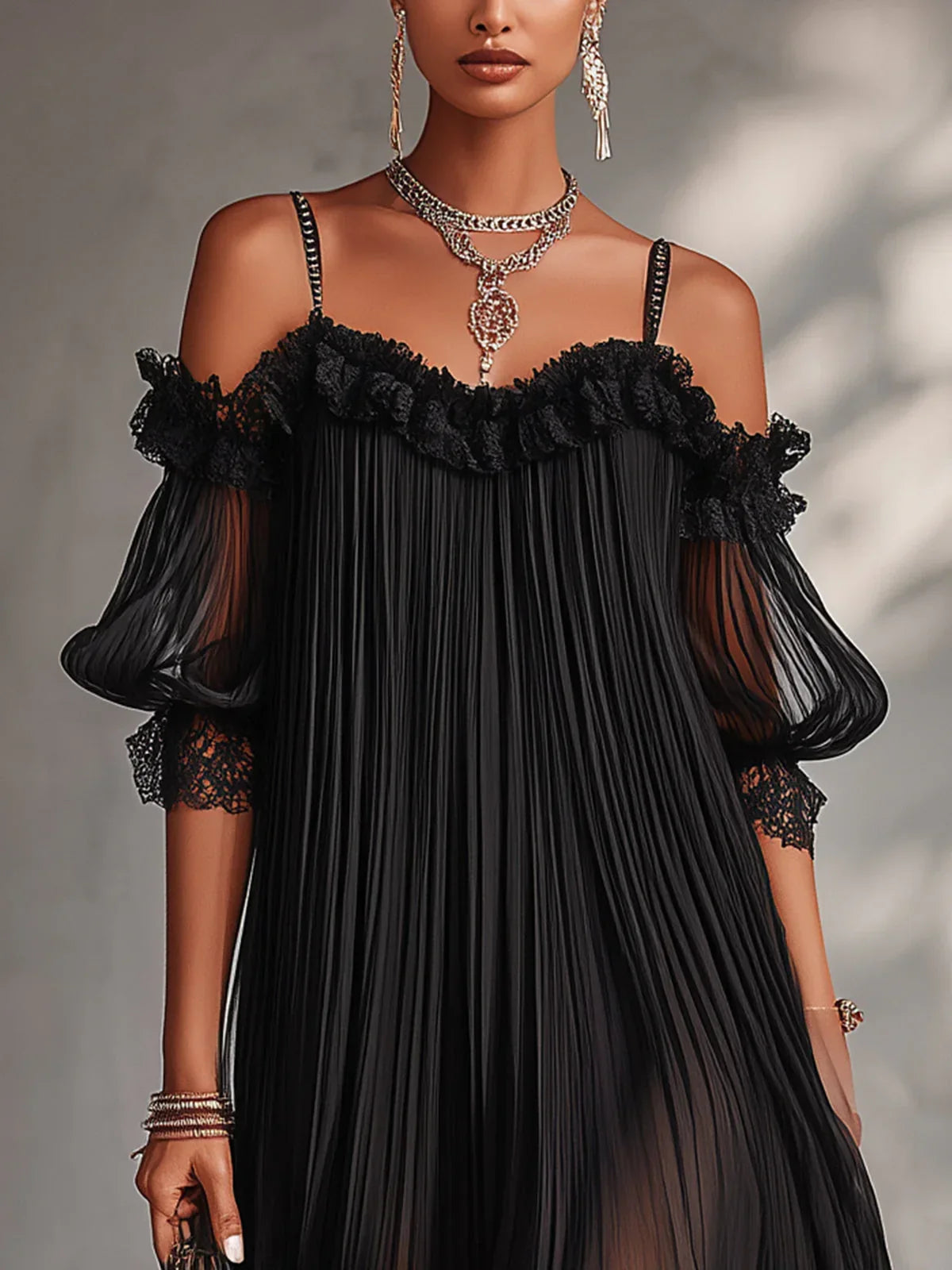 Naia Mini Black Chiffon Dress with Bardot Neckline and Lace Trim