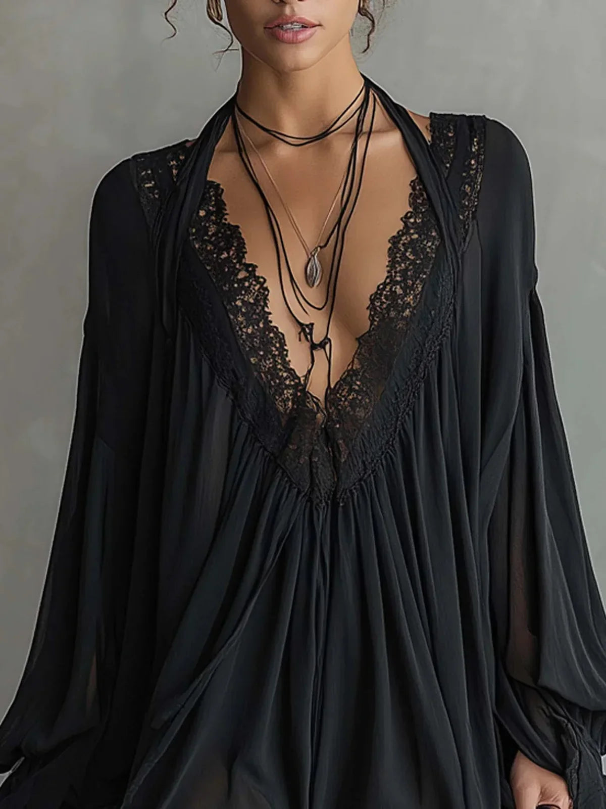 Catalina Black Chiffon Mini Dress with Halter Neck and Lace Collar