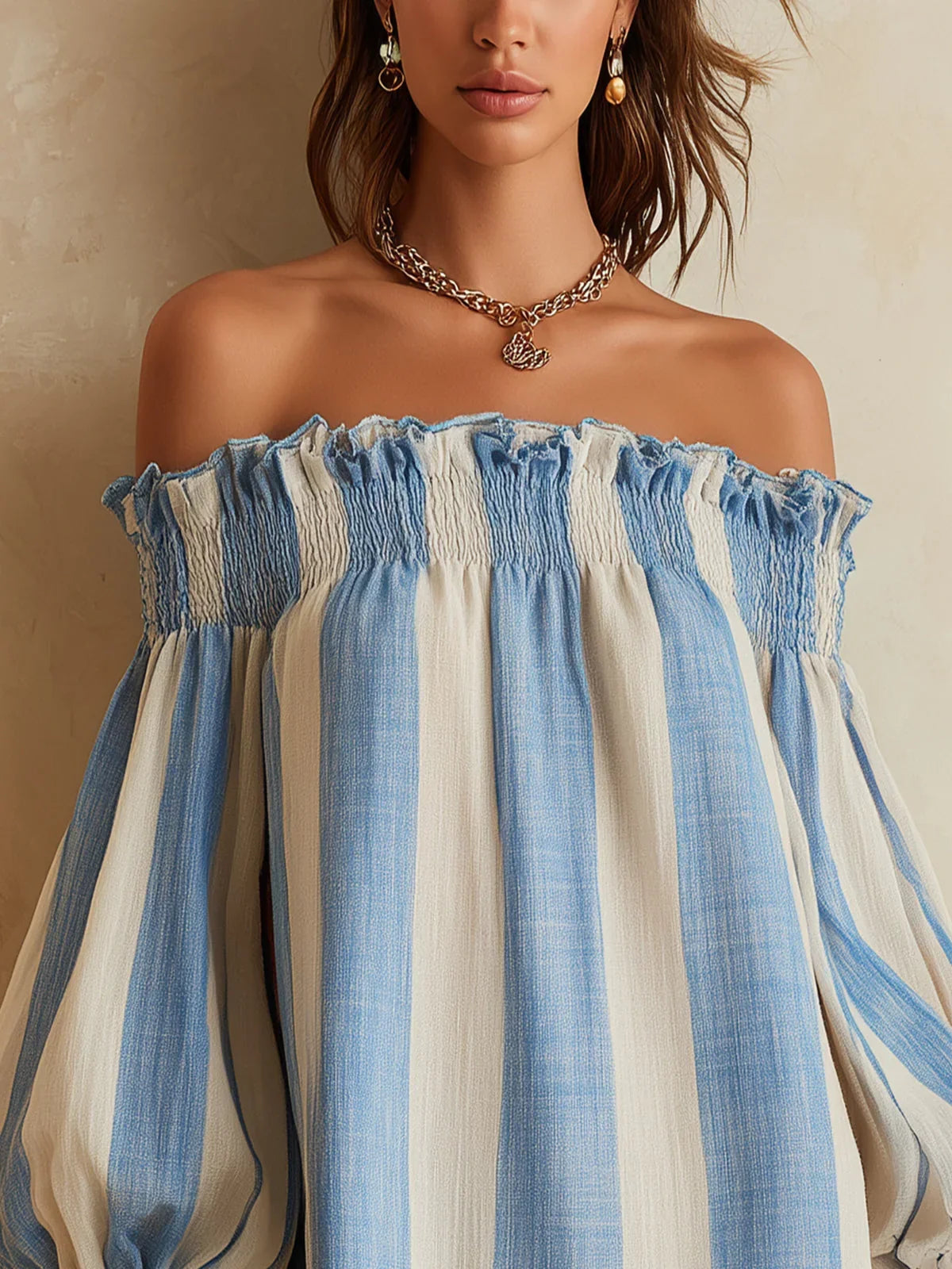 Ángela Mini Dress in Blue and White Stripes with Bardot Neckline and Contrast Trim