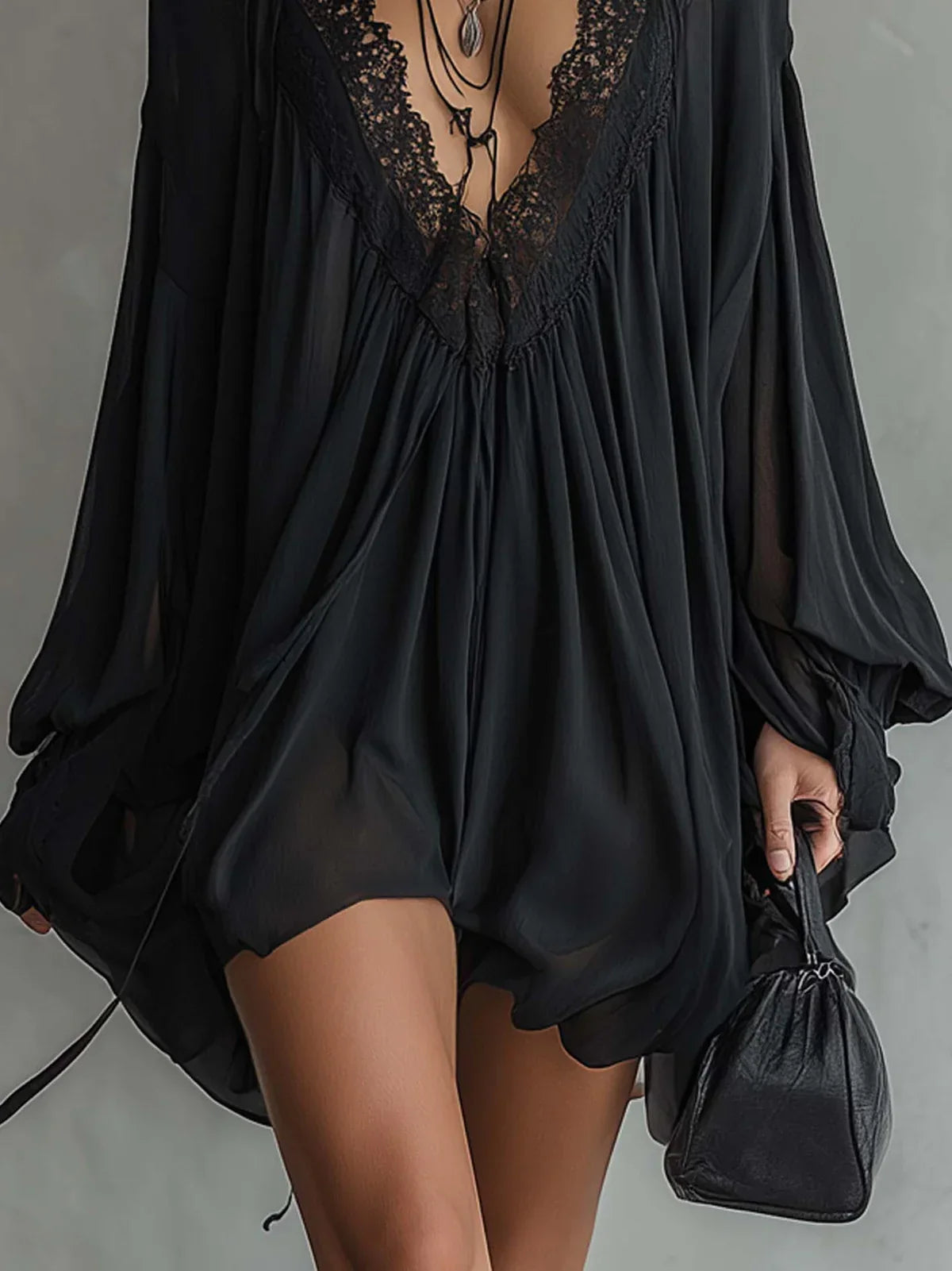 Catalina Black Chiffon Mini Dress with Halter Neck and Lace Collar