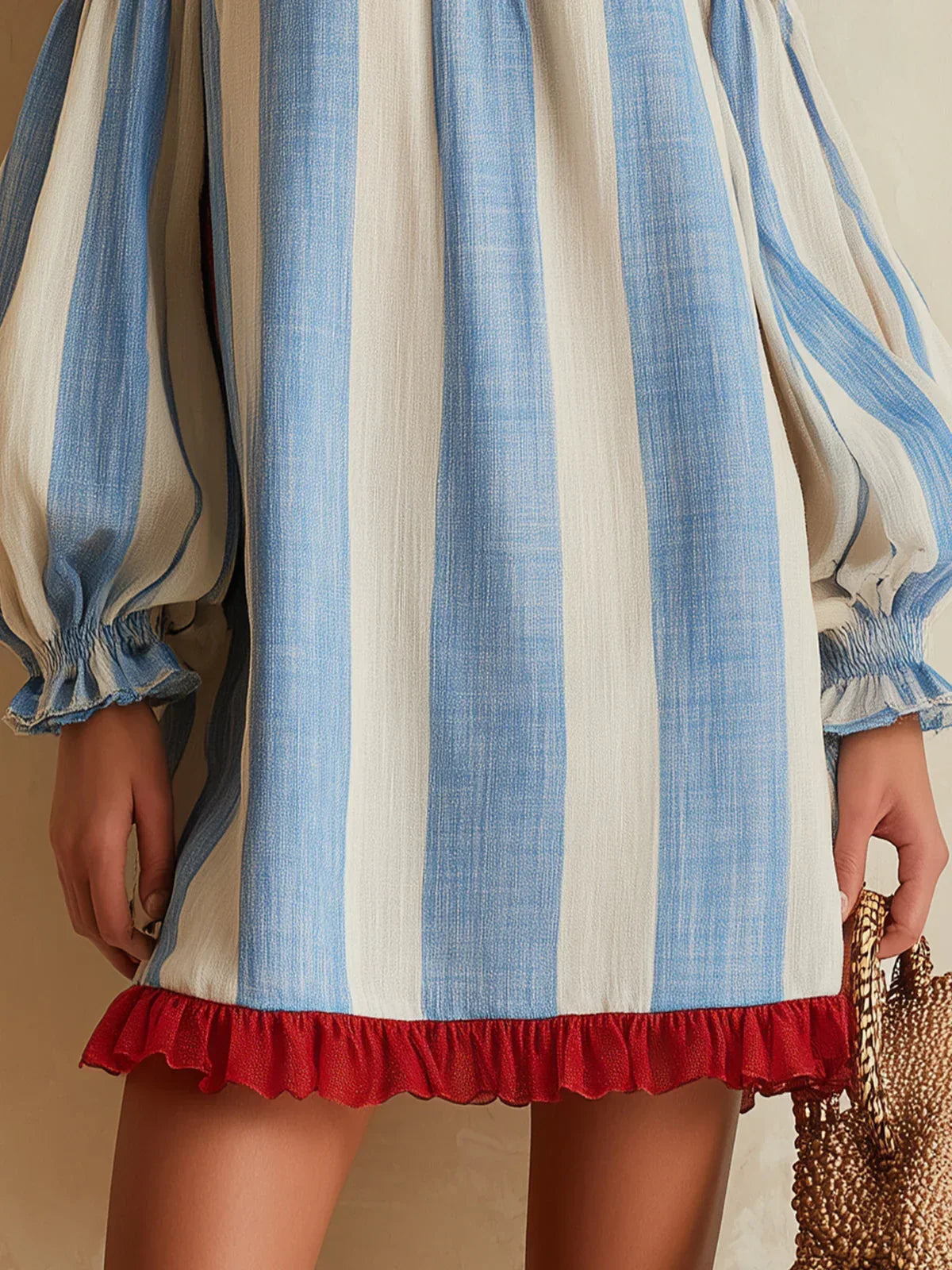 Ángela Mini Dress in Blue and White Stripes with Bardot Neckline and Contrast Trim