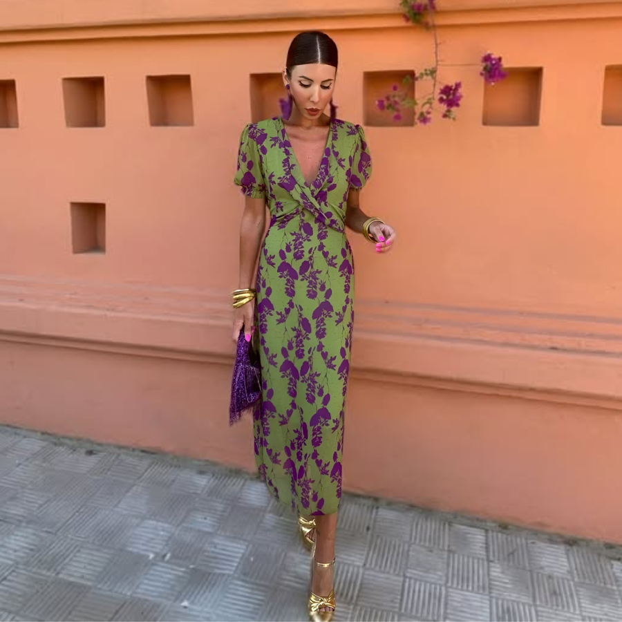 Ernestina™ | Tummy Flattering Long Floral Green Dress