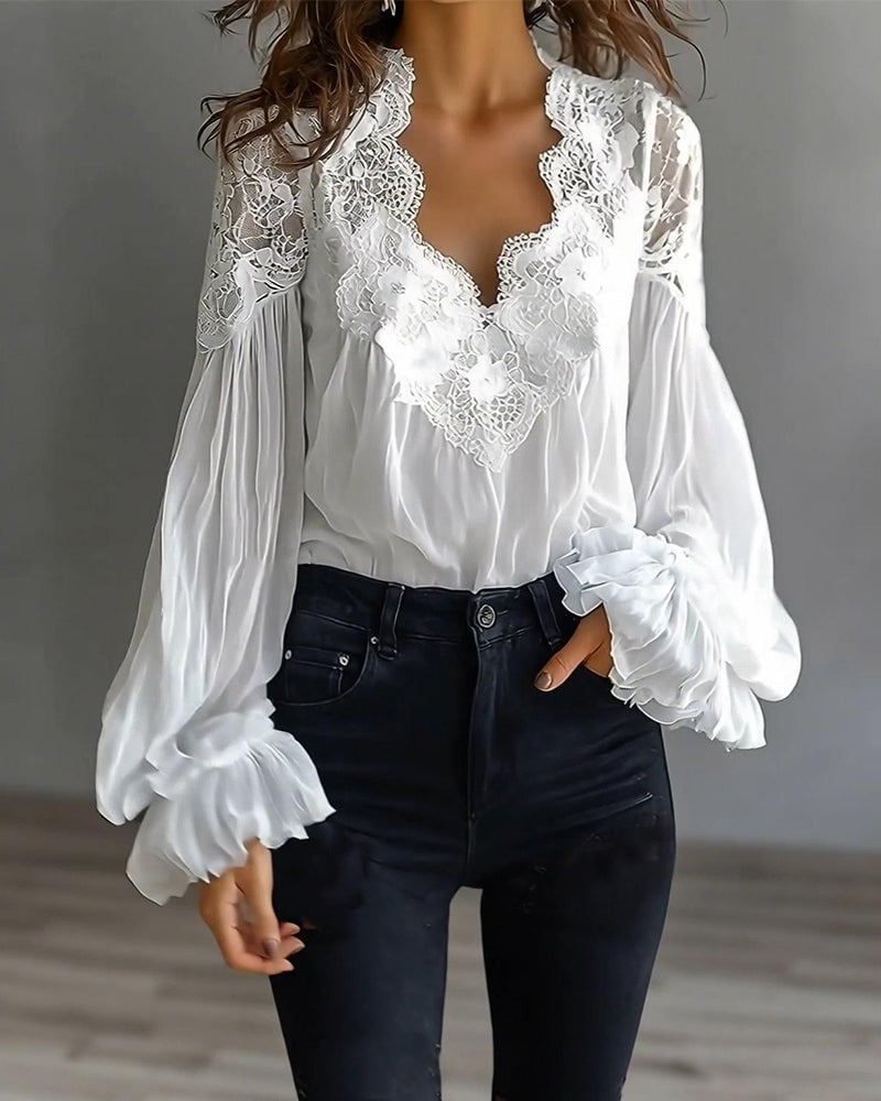 Tess - Long-Sleeve Lace Blouse with V-Neck