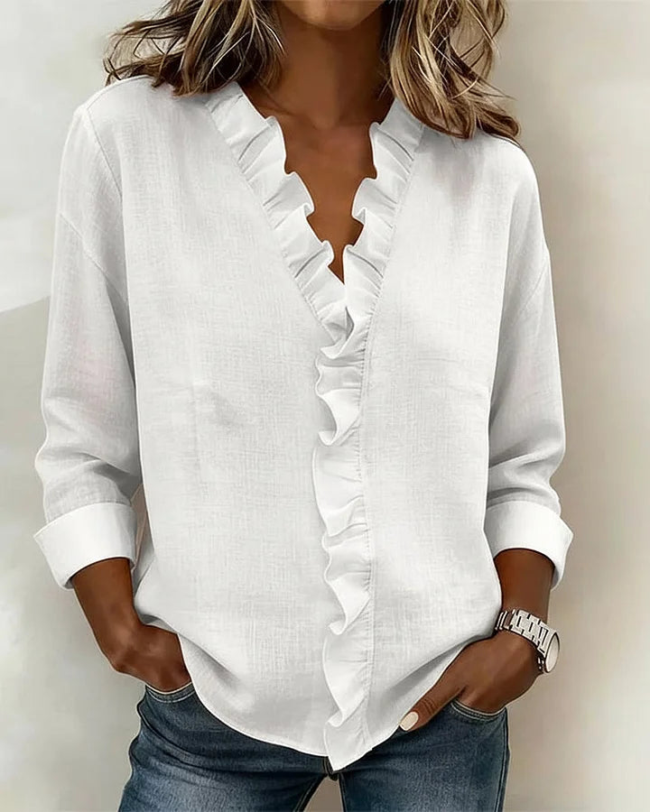 Mira | Blouse with Ruffles, V-Neck and Long Sleeves