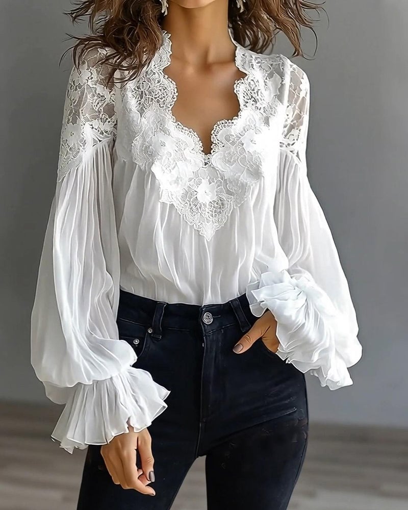 Tess - Long-Sleeve Lace Blouse with V-Neck