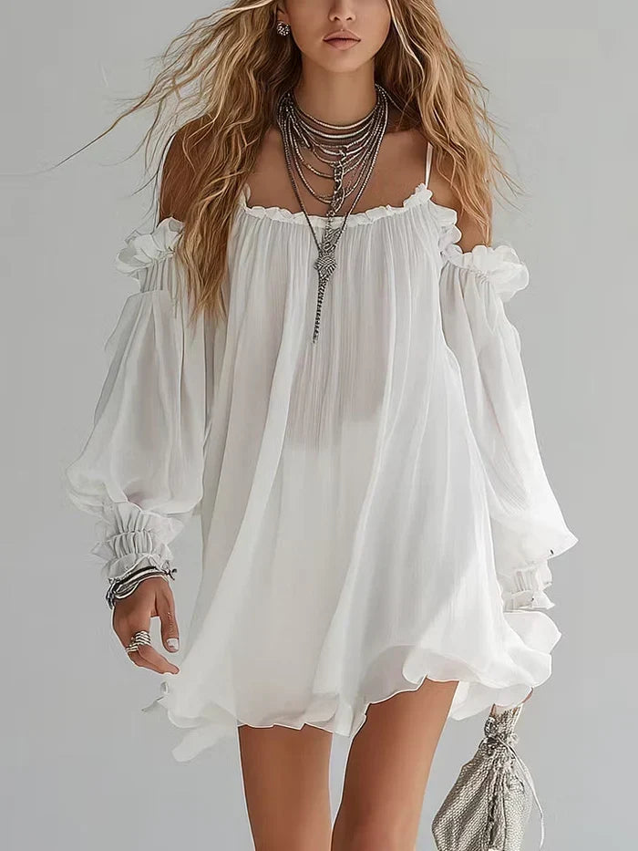Iliana Bohemian Dress with Ruffles, Off-the-Shoulder and Fluid Silhouette