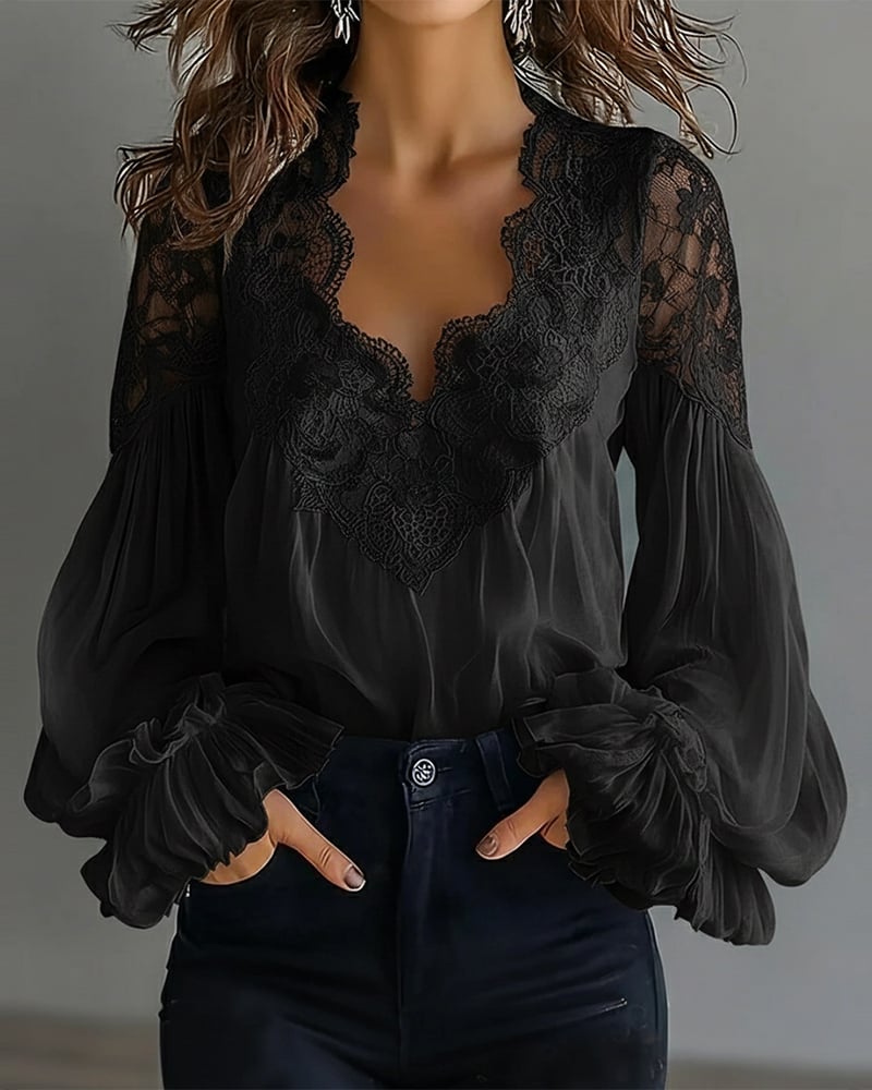 Tess - Long-Sleeve Lace Blouse with V-Neck