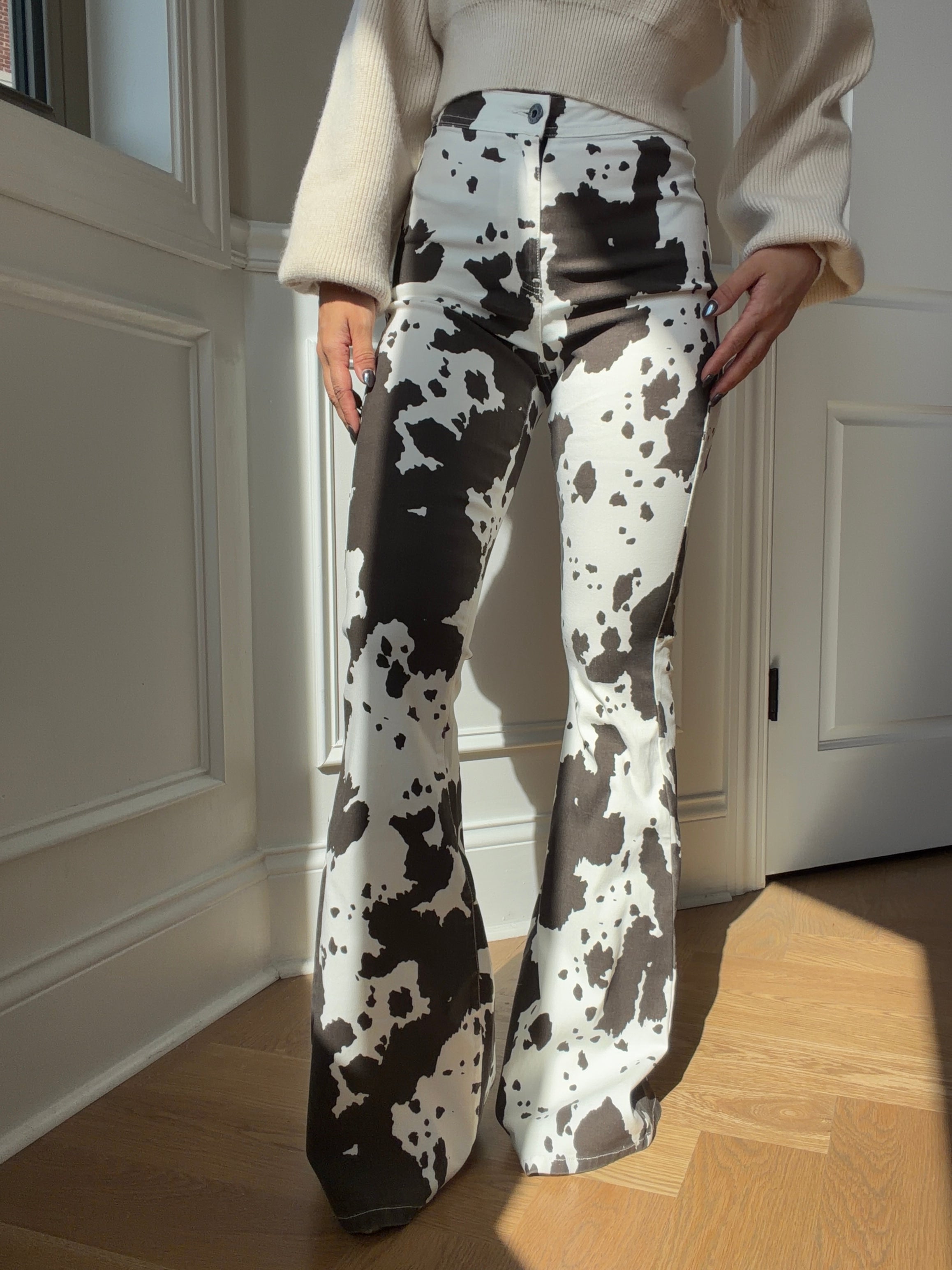 Fiona High Waisted Bell Bottom Flare Jeans - Cow Print