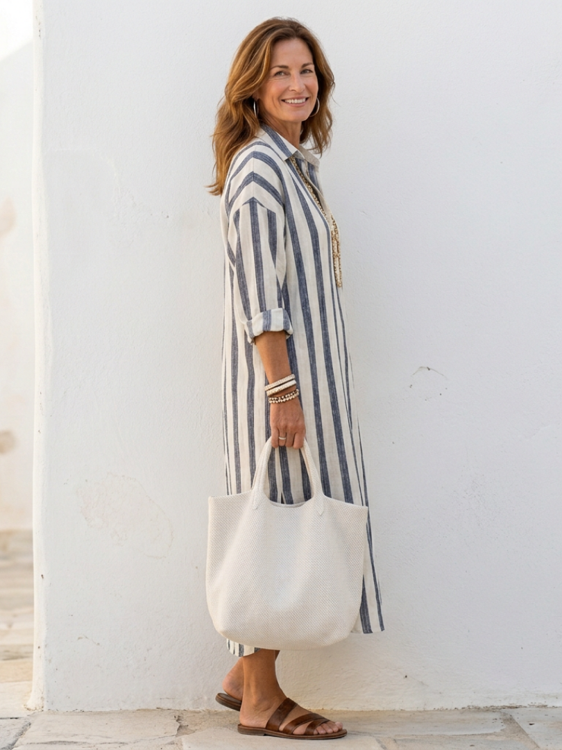 Cassia | Long Sleeve Striped Midi Shirt Dress