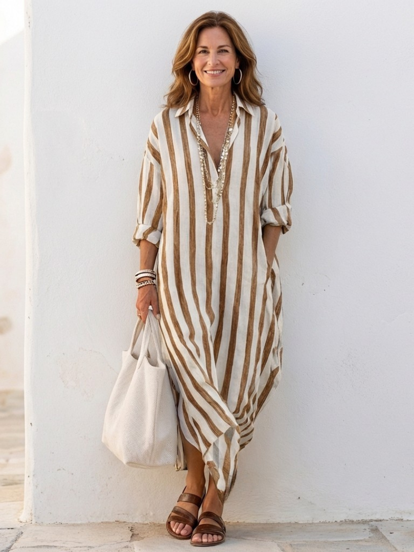 Cassia | Long Sleeve Striped Midi Shirt Dress