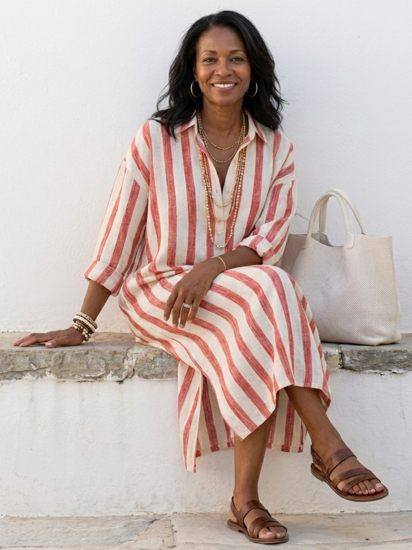 Cassia | Long Sleeve Striped Midi Shirt Dress