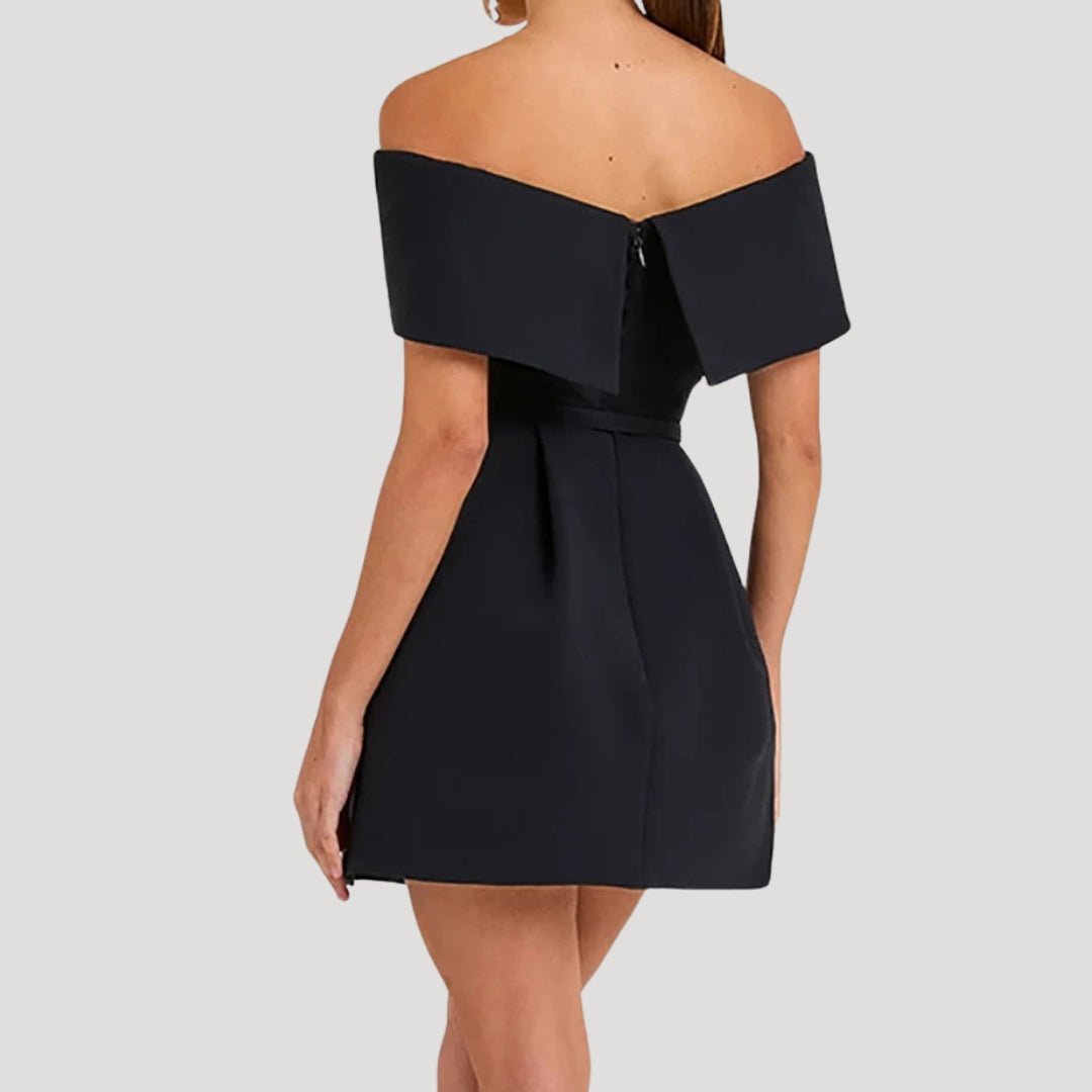 CECILY – OFF-SHOULDER BELTED MINI DRESS
