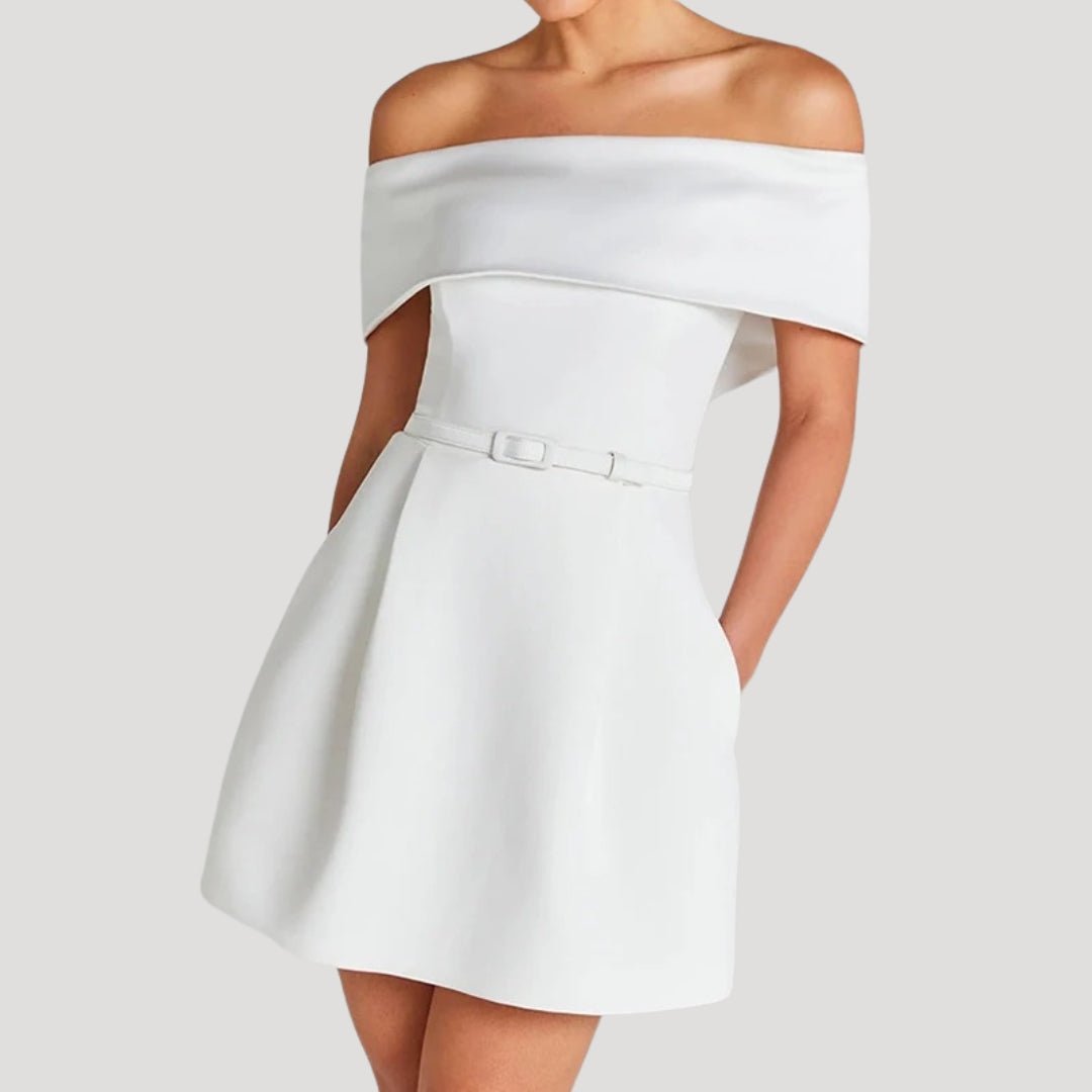 CECILY – OFF-SHOULDER BELTED MINI DRESS