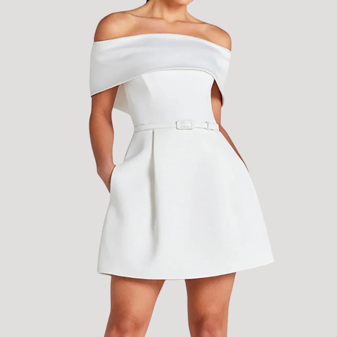 CECILY – OFF-SHOULDER BELTED MINI DRESS
