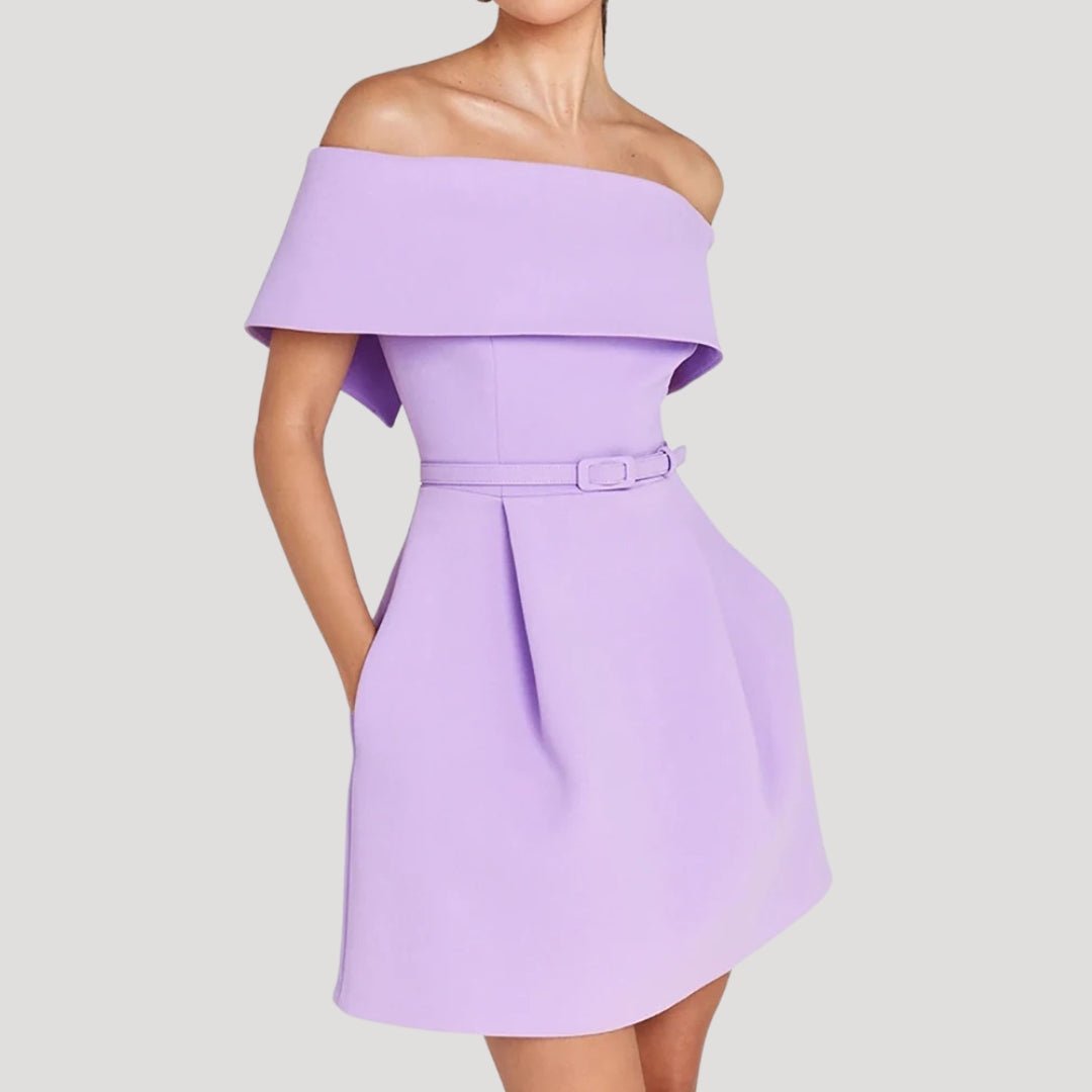 CECILY – OFF-SHOULDER BELTED MINI DRESS