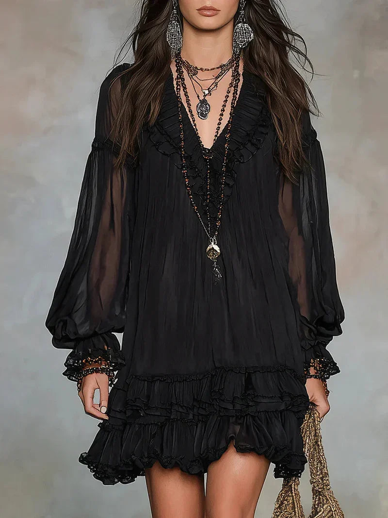 Carolina Black Chiffon Mini Dress with Puff Sleeves and Ruffles