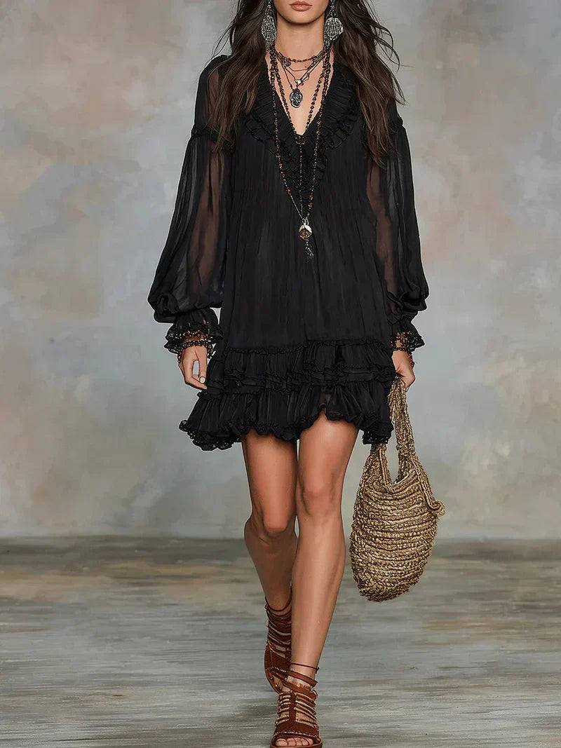 Carolina Black Chiffon Mini Dress with Puff Sleeves and Ruffles
