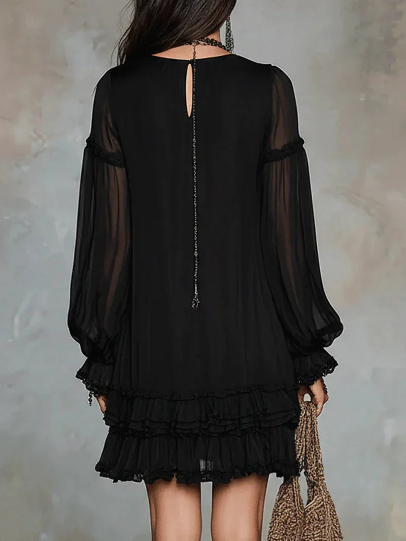Carolina Black Chiffon Mini Dress with Puff Sleeves and Ruffles