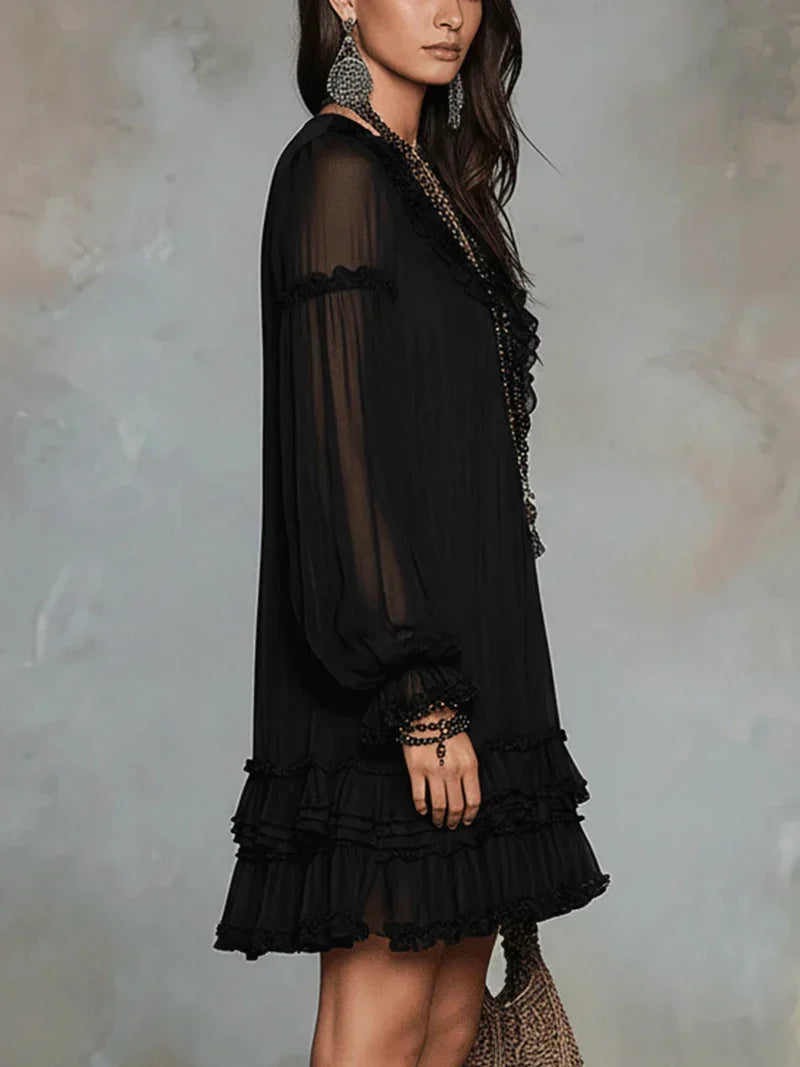Carolina Black Chiffon Mini Dress with Puff Sleeves and Ruffles