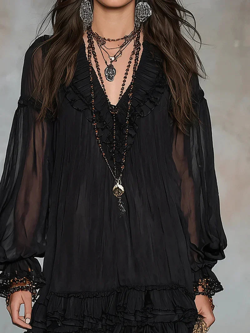 Carolina Black Chiffon Mini Dress with Puff Sleeves and Ruffles