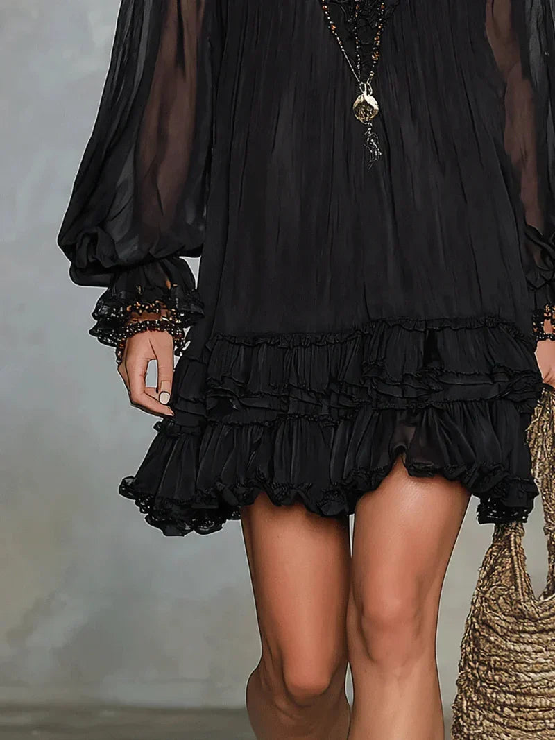 Carolina Black Chiffon Mini Dress with Puff Sleeves and Ruffles