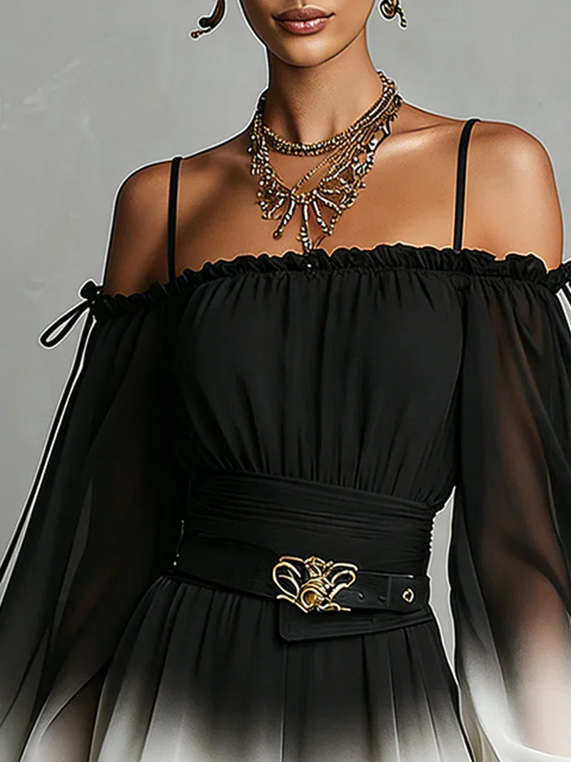 Cloe Black and White Chiffon Jumpsuit with Gradient, Bardot Neckline and Waist Belt