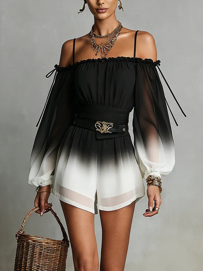 Cloe Black and White Chiffon Jumpsuit with Gradient, Bardot Neckline and Waist Belt